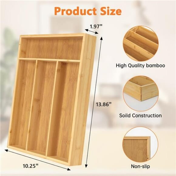 Bamboo drawer organizer silverware tray utensil holder cutlery storage divider - Picture 2 of 7